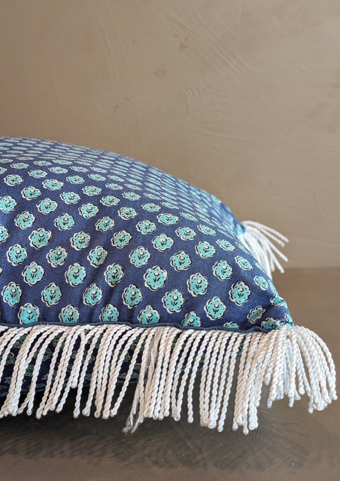 Square Blue Floral White Fringe Pillow
