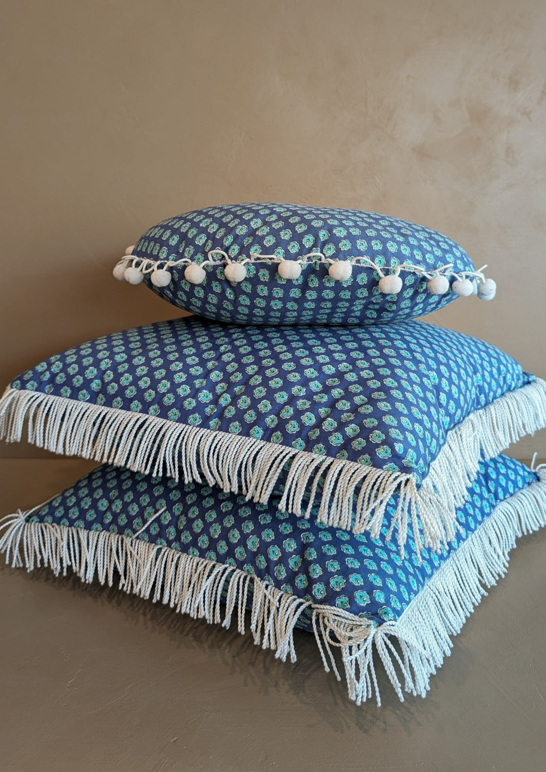 Square Blue Floral White Fringe Pillow