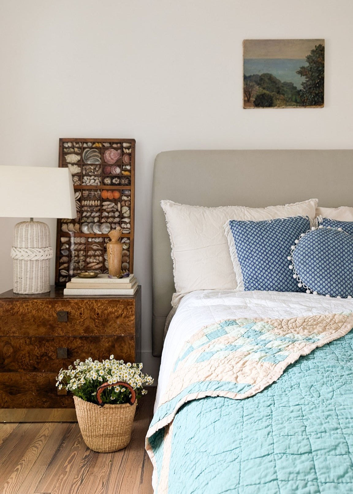Square Blue Floral White Fringe Pillow