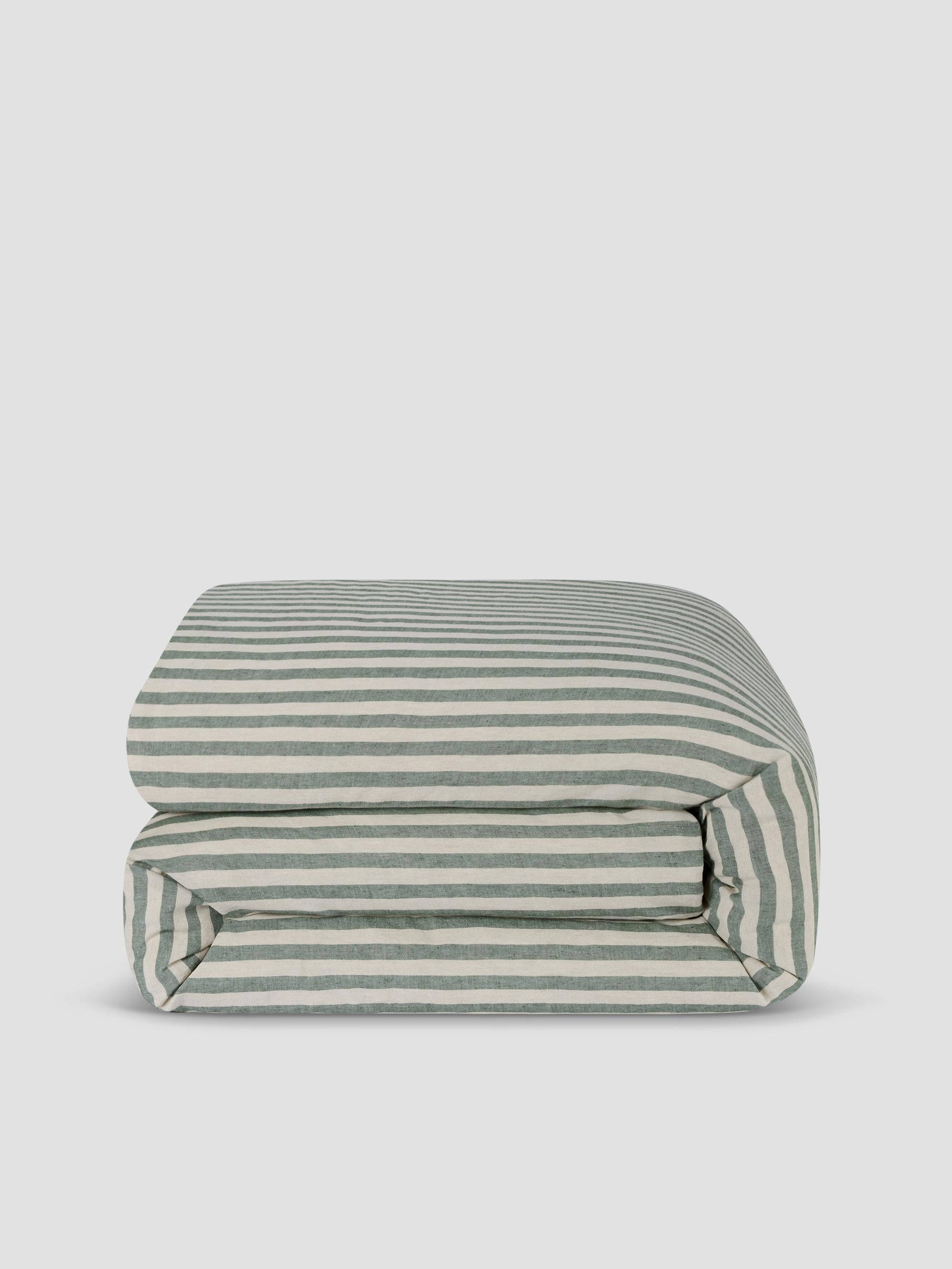 Fern Green Striped Linen Blend Duvet Cover - Image 3